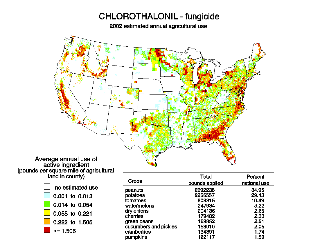 'Map of US usage of chlorothalonil in 2002.' Put together by the USGS. (from https://en.wikipedia.org/wiki/File:Chlorothalonil_usage_2002_USGS.png) This image is a work of a United States Geological Survey employee, taken or made as part of that person's official duties. As a work of the United States Government, the image is in the public domain.