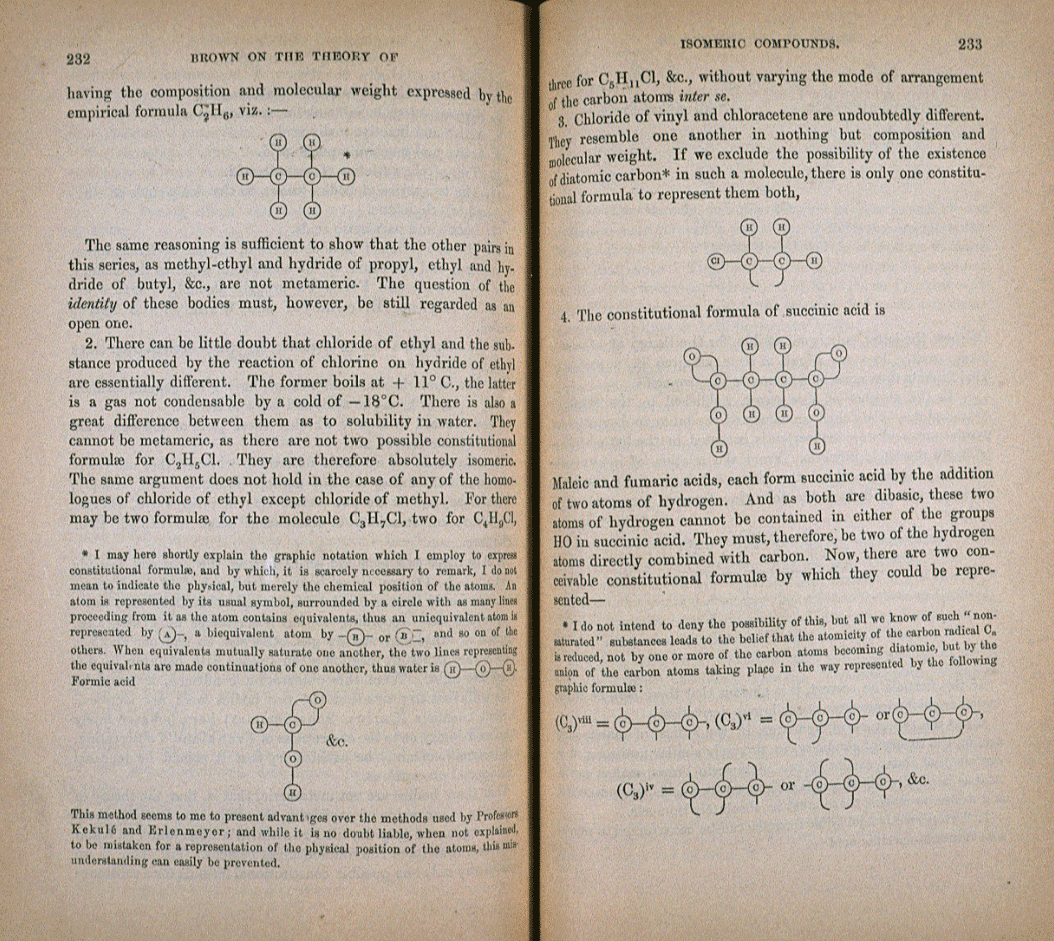 'Photograph of a paper published in the The Journal of the Chemical Society of London, 1865, by Alexander Crum Brown.' Uploaded to Wikimedia Commons by Cactus.man. 'This work is in the public domain in the European Union and non-EU countries with a copyright term of life of the author plus 70 years or less.' From https://commons.wikimedia.org/wiki/File:Crumb_Brown_paper.gif