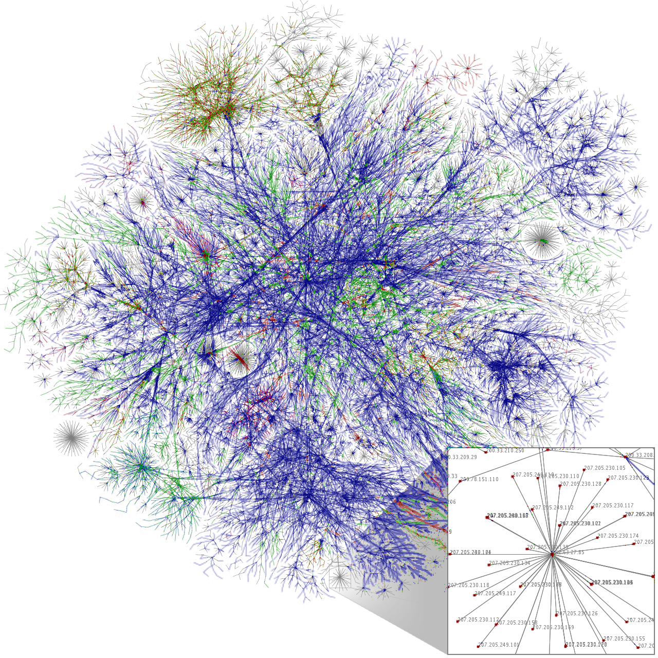 'Partial map of the Internet based on the January 15, 2005 data found on opte.org. Each line is drawn between two nodes, representing two IP addresses. The length of the lines are indicative of the delay between those two nodes. This graph represents less than 30% of the Class C networks reachable by the data collection program in early 2005.' Image by The Opte Project. (from https://commons.wikimedia.org/wiki/File:Internet_map_1024_-_transparent.png) This file is licensed under the Creative Commons Attribution 2.5 Generic license.
