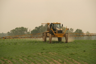 'A 2007 RoGator 1264 Liquid Sprayer applying pesticide to a corn field. Picture taken in Ontario, Canada. The sprayer has a 90' boom and a 350HP Caterpillar engine.' Image by Pl77. (from https://commons.wikimedia.org/wiki/File:1264_Rogator_Spraying_Corn.JPG) This file is licensed under the Creative Commons Attribution-Share Alike 3.0 Unported license.