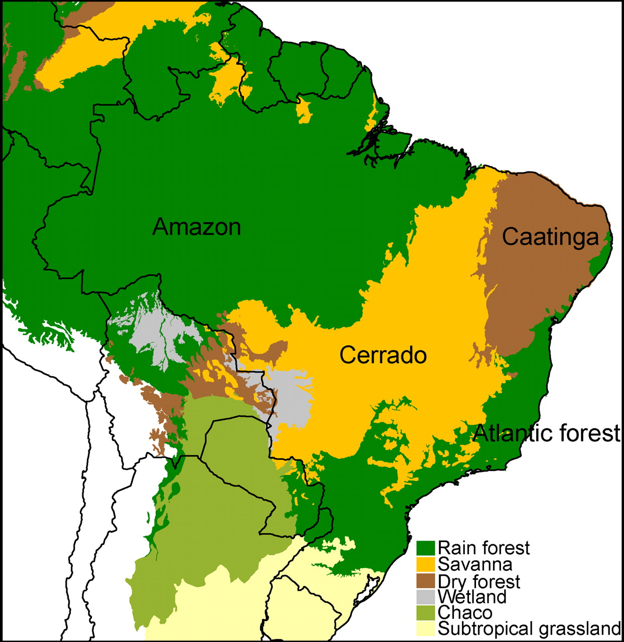 This figure is copied from http://www.pnas.org/content/106/48/20359/F1.expansion.html 'Recent assembly of the Cerrado, a neotropical plant diversity hotspot, by in situ evolution of adaptations to fire', Fig. 1: 'Map of major vegetation types in South America showing the location of the Cerrado surrounded by a diverse array of other biomes.' I don't have permission to use it, so I'm glad to remove it if requested.